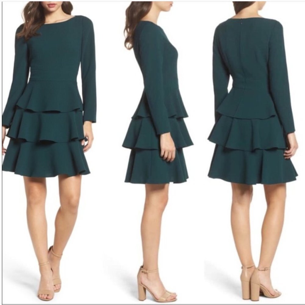 Eliza J. Green Knit Tiered Ruffle Long Sleeve Mini Dress Size 6 - Picture 2 of 13